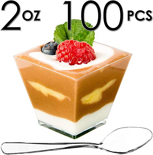2 Oz Square Mini Dessert Cups With Spoons (100 Pack) | DLux