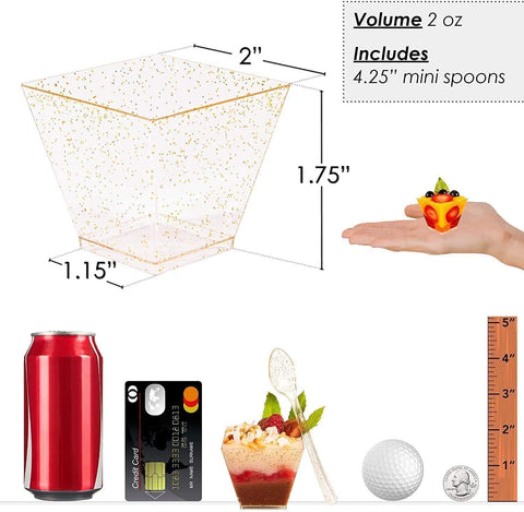 Image of 1000 Mini Dessert Cups (Spoons + Lids) [2 oz, Square Gold Glitter]