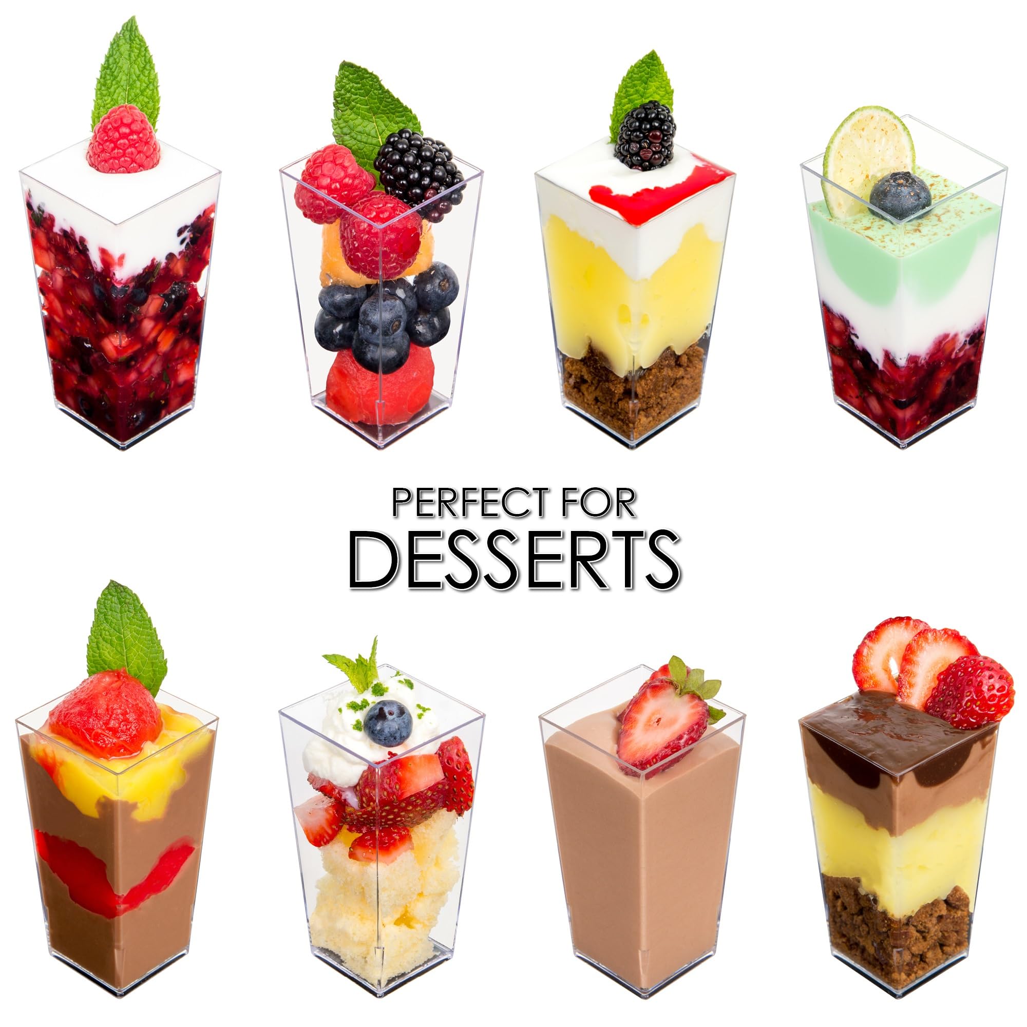 1000 Mini Dessert Cups (Spoons + Lids) [3 oz, Square Tall]